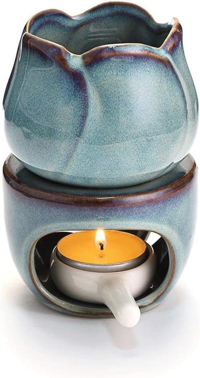 Keramische Oliebrander met Kaarslepel - Decoratieve Aroma Theelicht Brander voor Wax Melt - Bloemenmodel (Blauw)