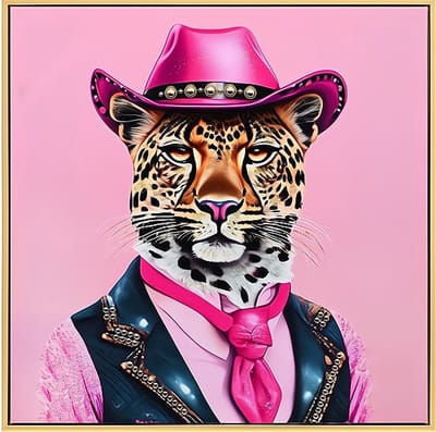 Ter Halle - Schilderij - Canvas - Panter met Cowboy Hoed en Kleding - Glitter en Glans Afwerking - 63x63cm