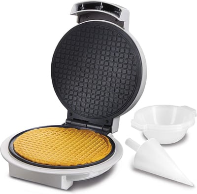 IJsschaal Maker - Wafelijzer Kegels - Desserts Maken - Inclusief Kegelroller - 19 cm Platen - Wit