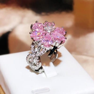 Heet - Licht Luxe Roze Hart Zirconia Ring voor Vrouwen, Zoet Sprankelende Roze Diamant Bloemen Vinger Sieraden Mode Accessoire 8 brown