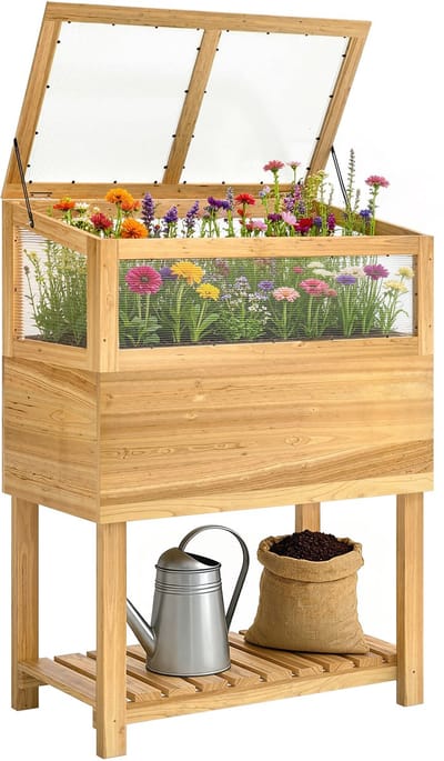 Outsunny Verhoogd plantenbed-Dennenhout, PC-plaat-80L x 45B x 108,5H cm-Naturelhout