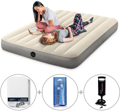 Intex Deluxe luchtbed | Twijfelaar | 191 x 137 x 25 cm | Inclusief Intex handpomp + reparatiekit + bijpassend hoeslaken