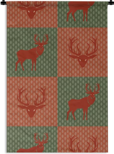 Wandkleed - Wanddoek - Patroon - Hert - Groen - Rood - 60x90 cm - Wandtapijt