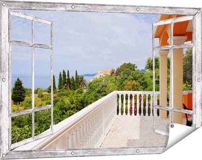 Gards Tuinposter Doorkijk Terras in Toscane - 120x80 cm - Tuindoek - Tuindecoratie - Wanddecoratie buiten - Tuinschilderij