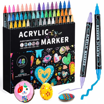 Acrylmarkerset - 48 kleuren - Dubbele punt, zachte punt en gelaagd kleuren - Voor tekenen en doodlen - Basisverpakking