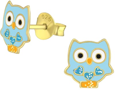 Joy|S - Zilveren uil oorbellen - 9 x 8 mm - blauw - gold plated