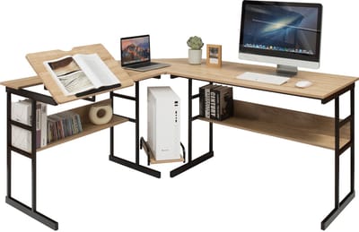 COSTWAY L-vormig bureau, hoekbureau van hout met kantelbaar tafelblad, 2 planken en CPU-standaard, computertafel voor thuis en kantoor, 170 x 150 x 75 cm, naturel
