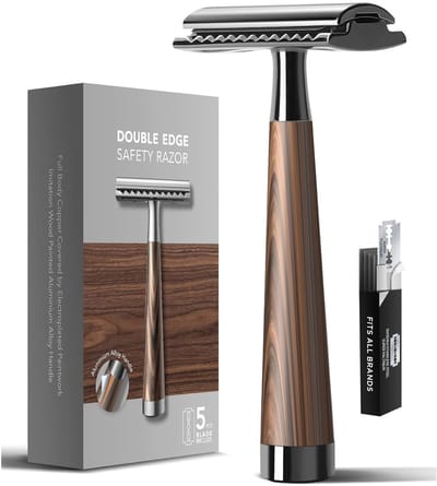 Double Edge Veiligheids Scheermes - Herbruikbaar Metaal Scheerapparaat met Imitatie Houten Handvat - Voor Mannen & Vrouwen - Incl. 5 Vervangmesjes - Houtkleur - 1 stuk