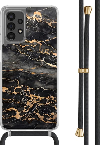Casimoda® hoesje met zwart koord - Geschikt voor Samsung A13 4G - Marmer Grijs Brons - Afneembaar koord - TPU/polycarbonaat - Grijs