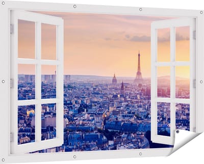 Gards Tuinposter Doorkijk Skyline van Parijs tijdens Zonsondergang - 150x100 cm - Tuindoek - Tuindecoratie - Wanddecoratie buiten - Tuinschilderij