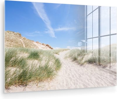 MuchoWow® Glasschilderij 60x40 cm - Schilderij acrylglas - Strand - Duin - Gras - Foto op glas - Muurdecoratie woonkamer - Wanddecoratie slaapkamer - Schilderijen