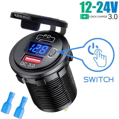12V/24V autolader met aan/uit-schakelaar, spanningsweergave, 45W PD USB QC 3.0 snellader voor auto, vrachtwagen, boot, camper, motorfiets wtihout wire