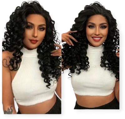 Frazimashop- kleur zwart Pruik Hittebestendige - Pruiken Dames Lang krullen Haar - #Front Lace Wig 13x2# Hoge kwaliteit synthetische pruik 65 cm