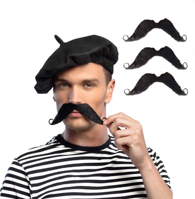 Boland Carnaval verkleed snorren - 4x - fransman - met krullen - zwart - zelfklevende namaak snor/plaksnor