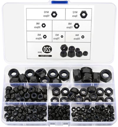 Assortiment van 220 Stuks Hex Moeren, Zelfsluitende Moeren, Nylon Invoegmoeren, Geschikt voor M3 M4 M5 M6 M8 M10 M12, Zwart Metaal, Duurzaam en Betrouwbaar