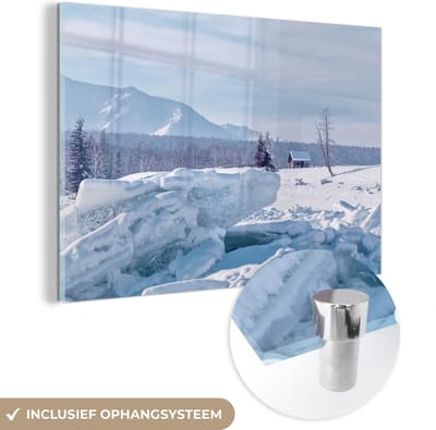 ® Glasschilderij 180x120 cm - Schilderij acrylglas - Ijskappen in een bevroren rivier in het Nationaal park Arctisch Rusland - Foto op glas - Muurdecoratie woonkamer - Wanddecoratie slaapkamer - Schilderijen
