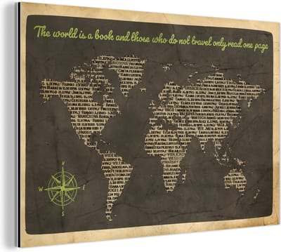 Aluminium schilderij 150x100 cm - Wanddecoratie metaal - Wereldkaart - Quote - Boeken - Metalen muurdecoratie woonkamer - Decoratie industrieel - Foto op dibond - Industriële accessoires slaapkamer
