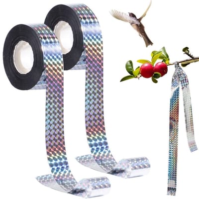 2 Rollen 100 m Vogelafschriklint – VKleurrijke laserstrip voor vogelafschrikking – Dubbelzijdig Reflecterend – Holografisch – Weerbestendig – 2,4 cm x 100 m – Zilver