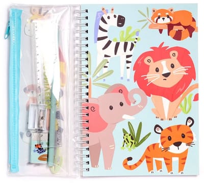 "Zooniverse 6-delige Stationery Set - Ring Bound Notepad & Pencil Case - Perfect voor School - Inclusief Pennen, Gum, Puntenslijper & Liniaal"