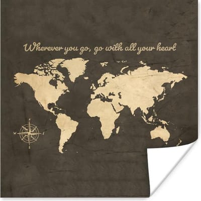 Poster 30x30 cm - Wereldkaart - Vintage - Windroos - Posters - Kamer decoratie - Wanddecoratie woonkamer - Muurdecoratie slaapkamer