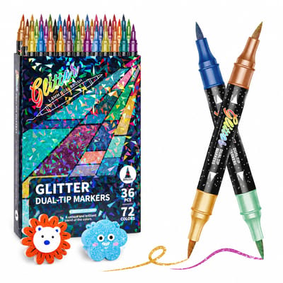 36 kleuren acrylmarkers met twee uiteinden en tweekleurige glitter - zachte punt voor tekenen en decoratie - basisverpakking