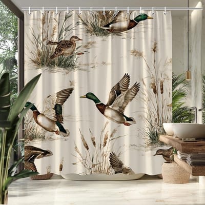 1 st Rustiek Boerderij Eend Douchegordijn met Vliegende Wilde Eenden en Riet Natuur Thema Badkamer Decoratie Douchewand Hangend Gordijn 180x180cm