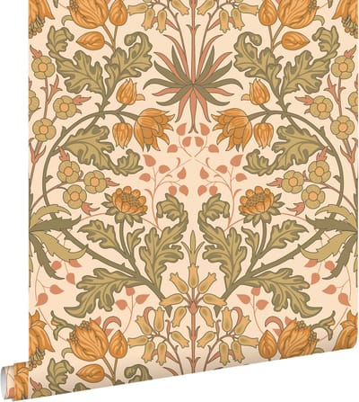 ESTAhome behang vintage bloemen in art nouveau stijl warm oranje en vergrijsd groen - 50 x 900 cm - 131175