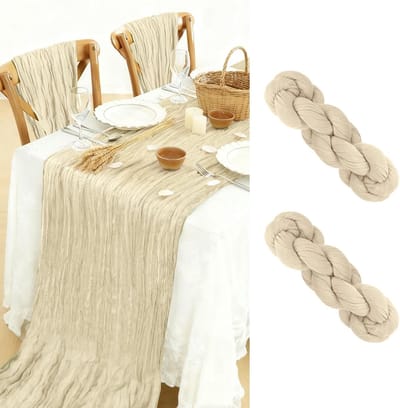 Tafelloper, 2 stuks, 90 x 300 cm, boho-gaas, kaasdoek, tafelloper voor bruiloft, decoratie, verjaardag, feest, babyshower, tafeldecoratie (beige)