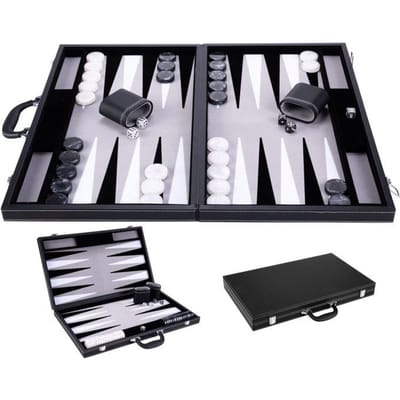 Backgammon 21 pouces - Jeu de société - Haute qualité - dés et jetons nacrés - gris noir et blanc wit