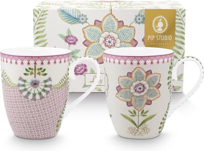 Pip Studio Lily & Lotus mok set/2 - 350ml - set van 2 Large bekers Lily & Lotus - Lila - porselein - Vaatwasserbestendig