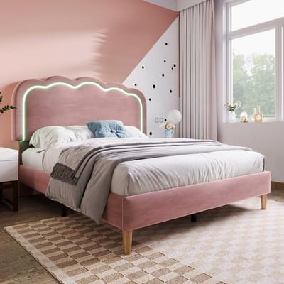 Gestoffeerd kinderbed van 140x200 cm met ledverlichting - Eenpersoonsbed voor meisjes - Tienerbed - Met in hoogte verstelbaar hoofdeinde en lattenbodem - Roze fluwelen prinsessenbed (matras niet inbegrepen)