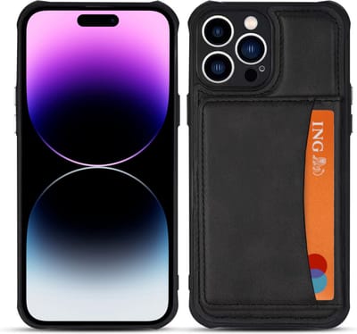 Armordrop Hoesje Met Pasjeshouder Geschikt Voor iPhone 14 Pro - Backcover Hoesje Met Portemonnee - Ruimte Voor 3 Pasjes - Zwart