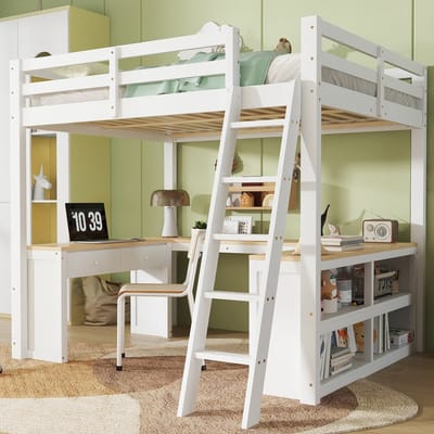 MODFU Hoogslaper 140x200 cm – Met U-vormig bureau, 2 lades en opbergvak – Wit/naturel – Van massief hout