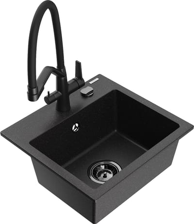 Mexen Milo granieten spoelbak 1-komorige met Duo keukenkraan, zwart/zilver metallic - 6505-73-671701-70-B