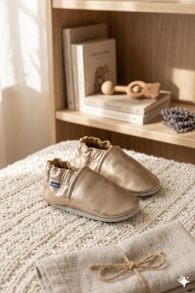 Stabifoot Babyslofjes – Zacht Leer – Cadeaudoos - Linnen zakje - Barefoot - GOLD 0 - 3