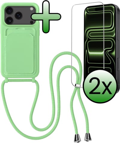 Hoes Geschikt voor iPhone 17 Pro / 18 Pro Hoesje Pas Houder Case Hoes Met Koord Met 2x Screenprotector - Hoesje Geschikt voor iPhone 17 Pro / 18 Pro Hoes Met Telefoonkoord Pasjeshouder Cover - Groen