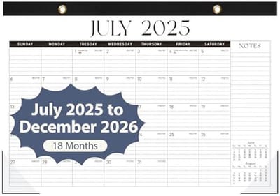 Bureaukalender 2025-2026 - Grote 17" x 12" Month Calendar voor Thuis en Kantoor - Zwart