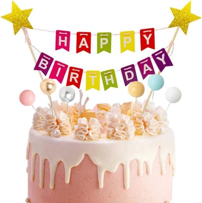 SnelShoppen - Cake Topper Set, Kleurvolle Verjaardag Decoratie, Happy Birthday Banner, Mini Ballonnen Sticks, Glitter Sterren, Cake Decoratie voor Kin