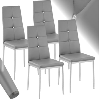 tectake® Moderne Stoelen - Set Stoelen met Kunstleren Bekleding en Strass-Steentjes - Geschikt als Keukenstoel, Eetkamerstoel of Gestoffeerde Stoel voor Woonkamer, Eettafel, Bar (Grijs, set van 4)