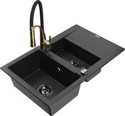 Mexen Gaspar granieten spoelbak 1,5-kompaarts met afdruiprek en keukenmengkraan Aster, zwart/zilver - 6507-73-73450-57-B