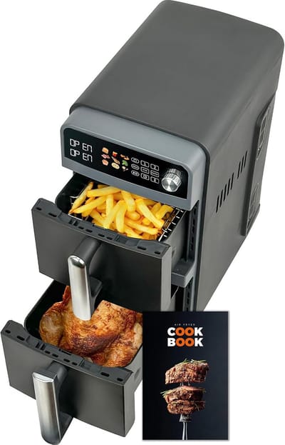 Heteluchtfriteuse Dubbel - XL Airfryer - Gelijkmatig Koken - Twee Kamers - 10 Liter - Donkergrijs