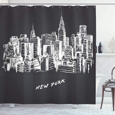 ABAKUHAUS NYC Douchegordijn – 175x180 cm – Grijs/Wit, handgetekende gebouwen