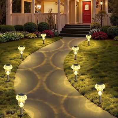 Zonne Lampen 8-Pack - Paddenstoel Design - Warm Wit Licht - IP44 Waterdicht - Voor Tuinpad en Gazon - Automatisch Aan/Uit - Geen Bedrading Nodig - Lange Levensduur Batterij