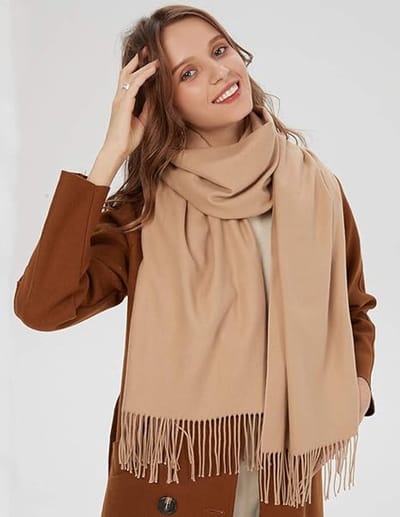 Tweekleurige sjaal voor dames van katoenmix, zacht en wollig, stola met franjes voor herfst en winter, 200 x 70 cm , Beige licht kameel
