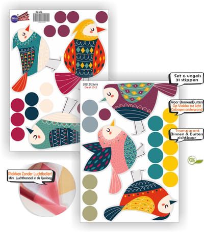 Jerma - Set 6 Vogeltjes en 31 Dots - Raamstickers – vogel ± 16x11 cm - Ø 3 cm - Zelfklevend - Vinyl