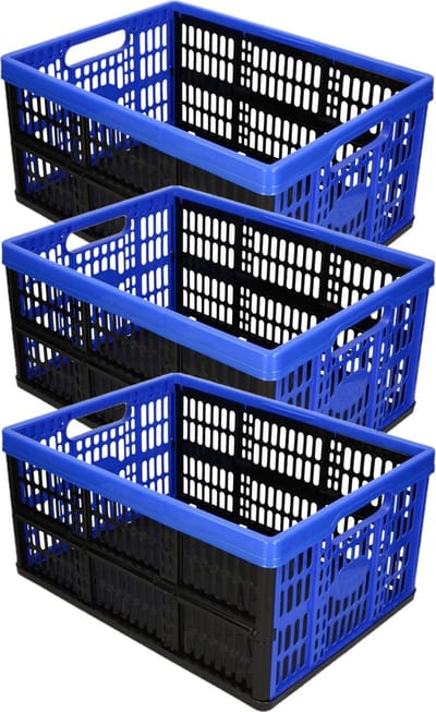 Plasticforte Boodschappenkrat - 3x stuks - 32L - 48 x 35 x 24 cm - vouwkrat - opvouwbaar - zwart/blauw