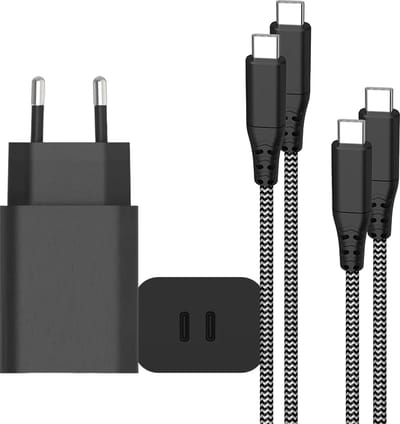 Usb C Snellader 2 Poorten met 2x usb-C Kabel 3 Meter - 2 usb-C Poorten - Ultra Sterk - 35w GaN Technologie - Geschikt voor A54, S23, Tablet A8 en meer