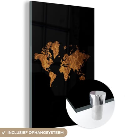 ® Glasschilderij 120x180 cm - Schilderij acrylglas - Wereldkaart - Goud - Luxe - Foto op glas - Muurdecoratie woonkamer - Wanddecoratie slaapkamer - Schilderijen