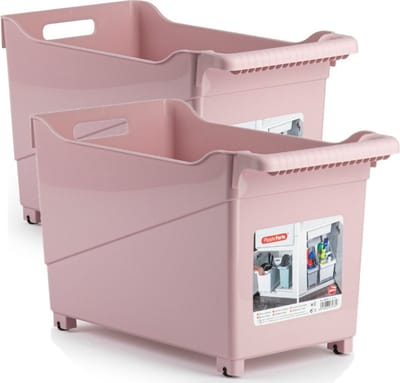 Plasticforte Opbergbox - Set van 2x stuks - roze - 45 x 24 cm - kunststof - op wieltjes