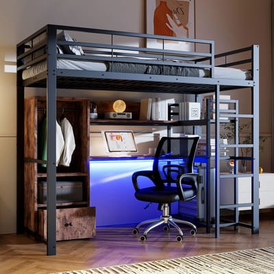 Hoogslaper - 90x200 cm - met LED, Bureau, Lade en Opbergtrap - Metaal - Zwart